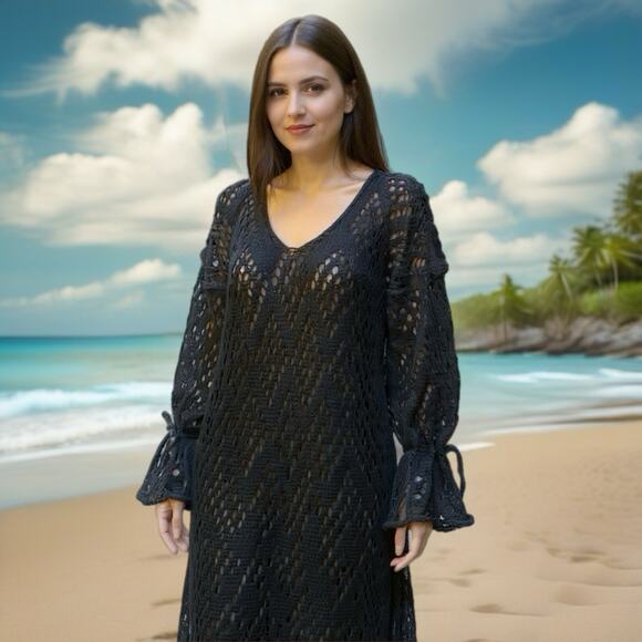 Helen Welsh Swim Cover Up Midi Dress L Black Open Knit Mohair Wool Gothic Grudge - Picture 1 of 10